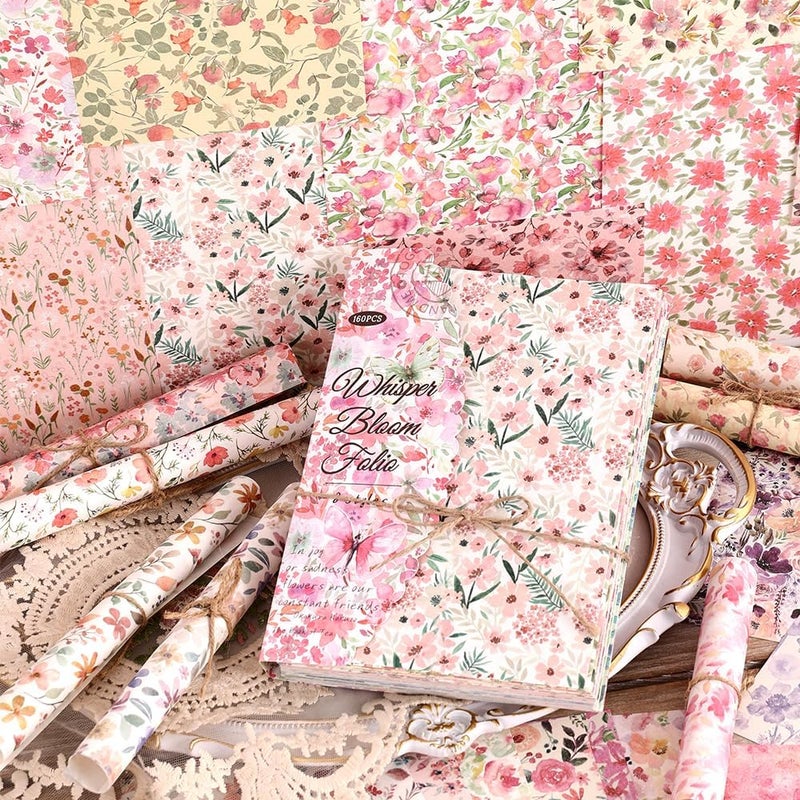 icceemee 160 Sheets of Pink Flower Scrapbook Paper, journaling Scrapbook Supplies Craft Collage Paper Set, Junk Journal Bullet Journal Poster Room Decor for Card Making Decorative Gifts - Image 1